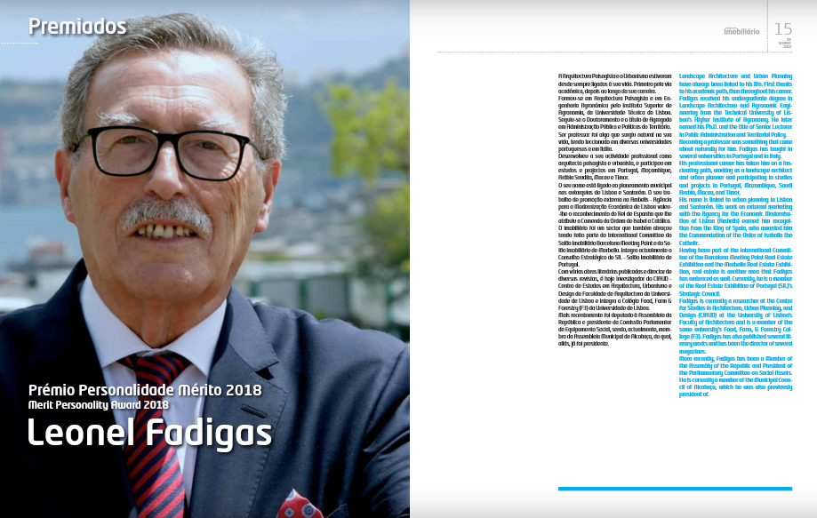 Professor Leonel Fadigas recebe Prémio Personalidade de Mérito 2018 pelo Magazine Imobiliário