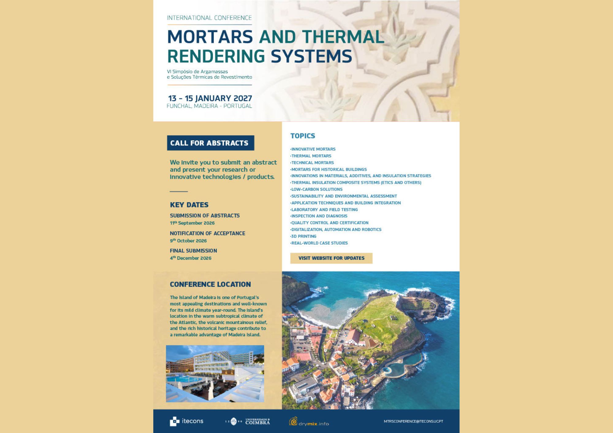 Call for abstracts: VI Simpósio de Argamassas e Soluções Térmicas de Revestimento – MTRS 2027