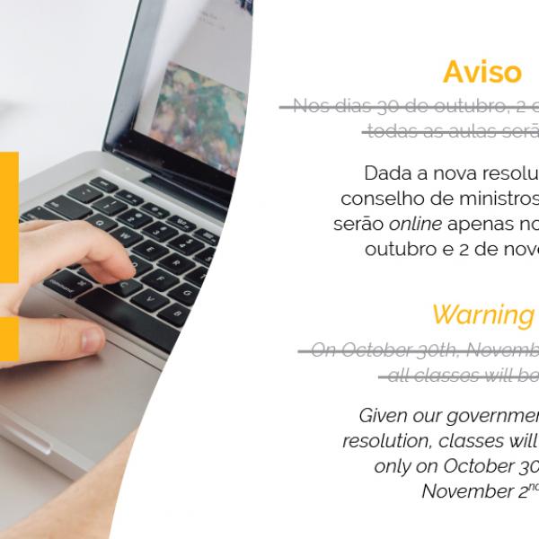 (atualização) Aulas exclusivamente online dias 30 outubro e 2 de novembro